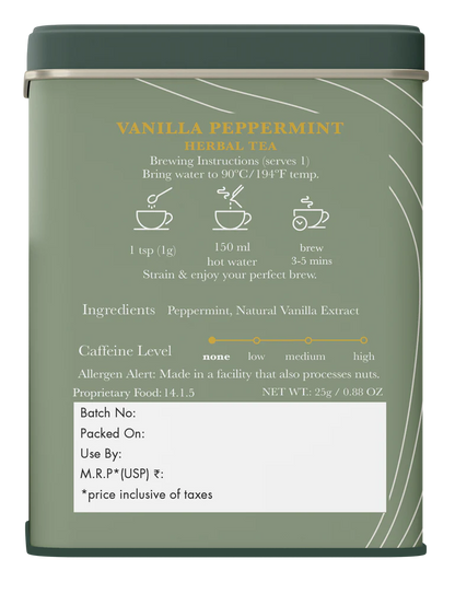 Herbal Tea |Vanilla Peppermint Herbal Tea  - Caffeine Free  – Sweet, Smooth, Aromatic - USDA Organic – Luxmi Estates – 25gm
