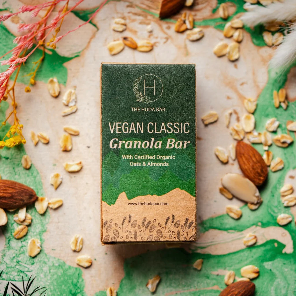 Bar | Vegan Classic - Granola Bar (With Certified Organic Oats &amp; Almonds) - Vegan, Gluten Free &amp; No Added Additives - The Huda Bar - 45gm