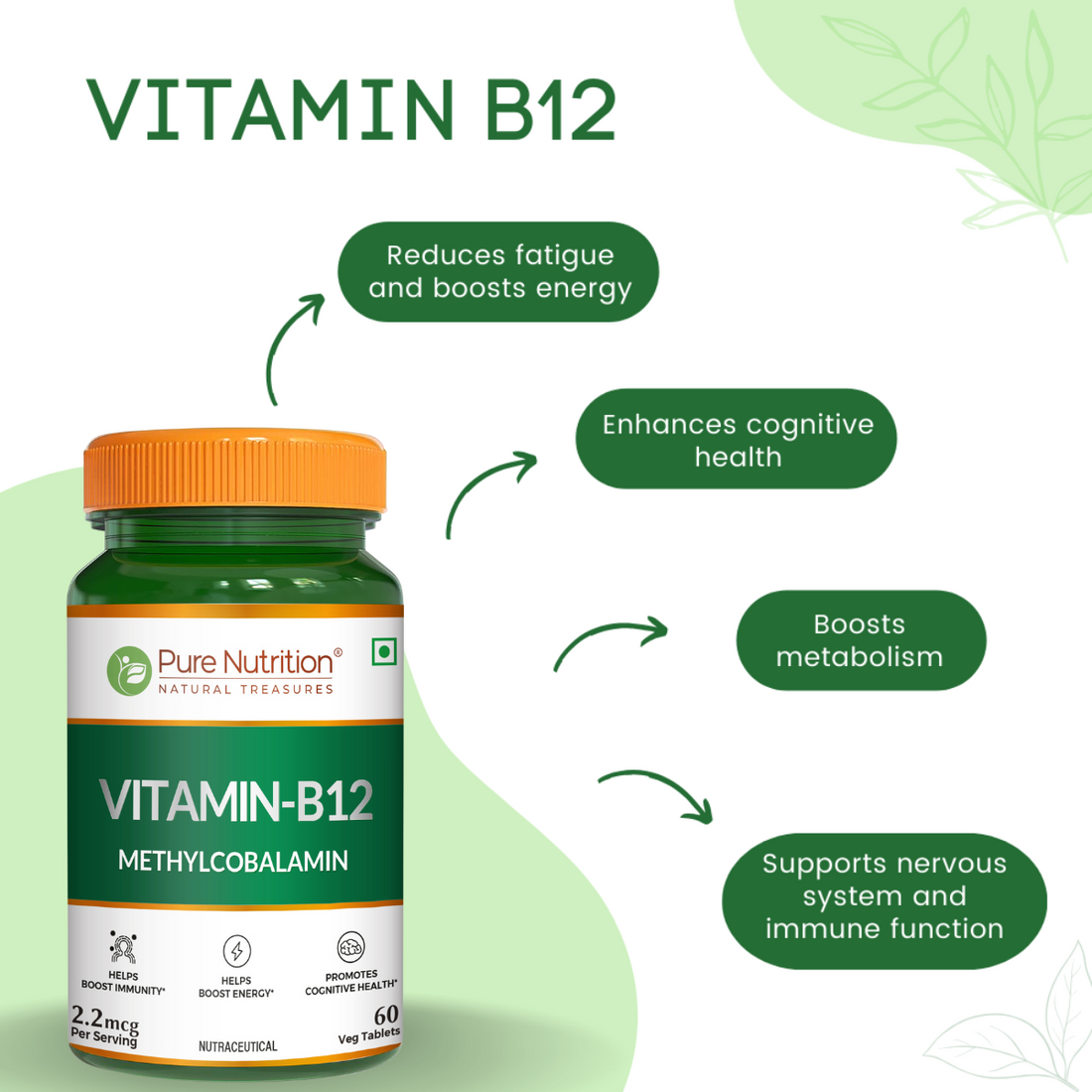 Vitamin B12 | Methylcobalamin - Supports Energy And Overall Wellness For Men And Women - Pure Nutrition - 60 Tablets