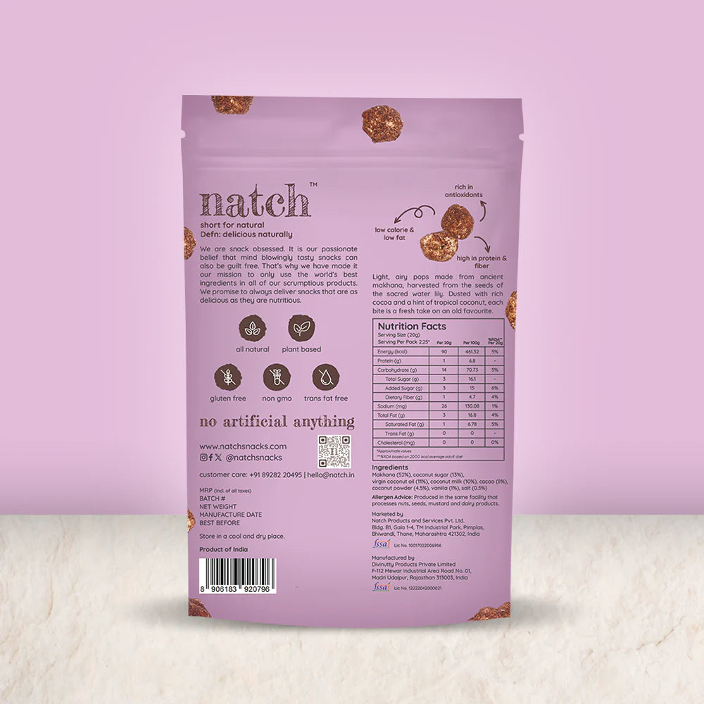 Pops | Water Lily Pops - Roasted in Coconut Oil (Coconut Cocoa) - All Natural – Vegan, Gluten Free, Trans Fat Free, Non GMO &amp; No Added Artificial Flavor – natch – 45gm