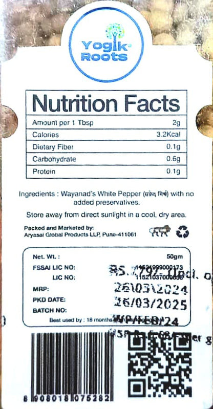 Pepper | Wayanad’s (White) – Single Origin – Organically Grown – Improves Appetite – Gluten Free, No Added Preservatives &amp;amp; Non GMO – Yogik Roots – 50gm