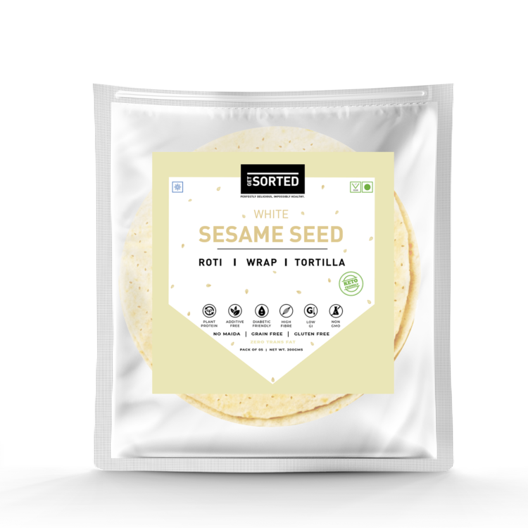 Tortilla | White Sesame Seed Roti – Wrap – 2.3 Gms Net Carbs - Vegan, Gluten Free, No Maida, Keto Friendly, Diabetic Friendly &amp;amp; No Additives – Get Sorted – Pack Of 5 (200gm)