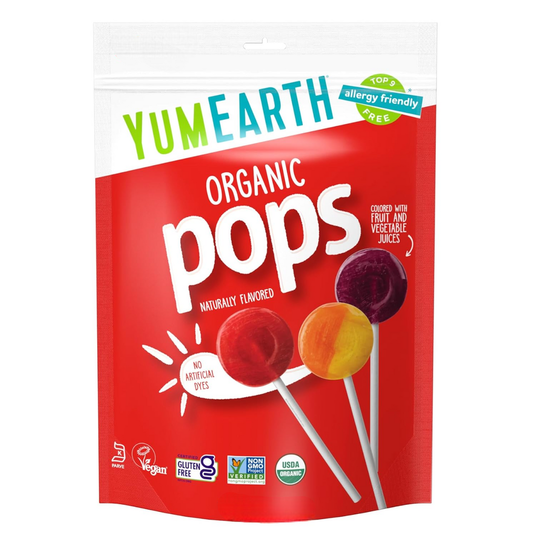Pops | Naturally Flavoured - Colored With Fruit And Vegetables Juices - USDA Organic - Vegan, Gluten Free, Non GMO & No High Fructose Corn Syrup Or No Artificial Dyes - Yum Earth - 87gm