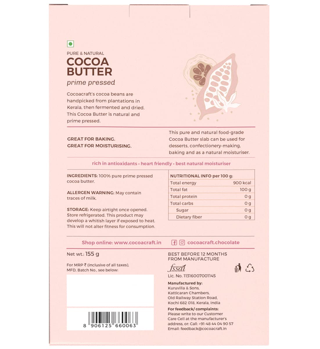 Organic Cacao Butter - Natural Pure Prime Pressed