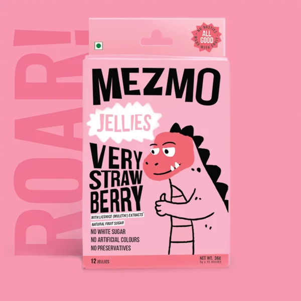 Jellies Very Strawberry (With Real Fruit Pulmp) – Vegan, Gmo Free, No White Sugar, No Artificial Colours & No Preservatives – Mezmo Candy – (12 Jellies) – 36gm