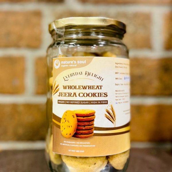 Whole Wheat Jeera Cookies Everyday Delight - Vegan, Refined Sugar Free, High Fibre, No Stabilizers, No Emulsifiers, No Artificial Flavors & No Preservatives - Nature's Soul - 400gm