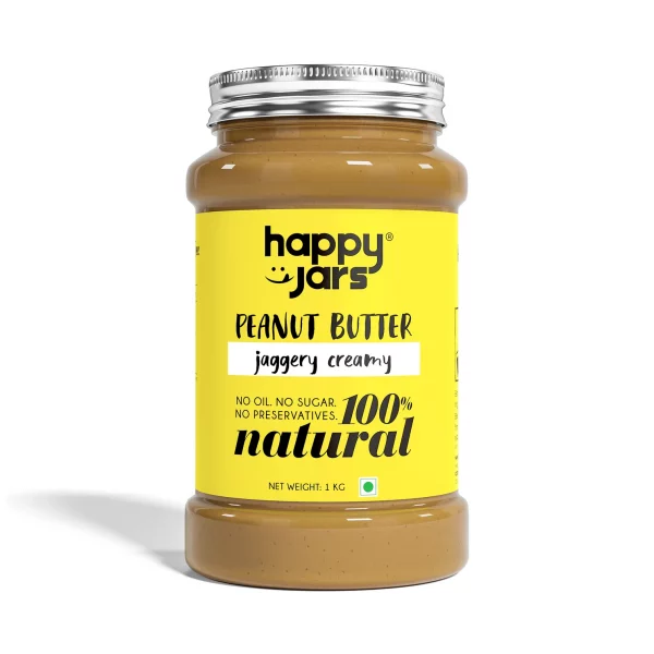 Peanut Butter Jaggery (Crunchy) - Vegan, Gluten Free, No Preservatives, High Protein & No Refined Sugar - Happy Jars - 1000gm